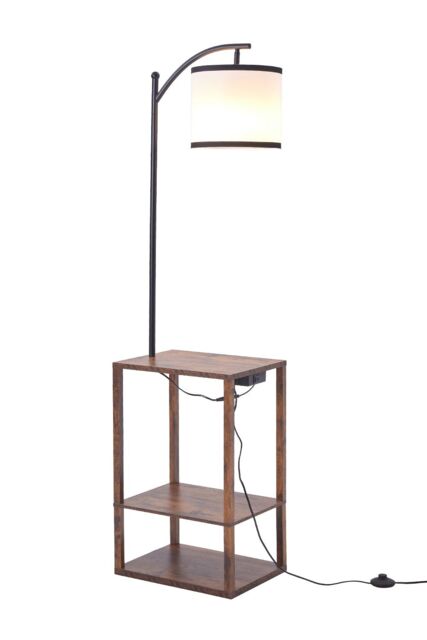 Living and Home Modern Metal Floor Lamp Side Table 2 In 1 in Walnut - image 1