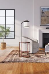 Living and Home Modern Metal Floor Lamp Side Table 2 In 1 in Walnut - thumbnail 3