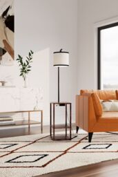 Living and Home Modern Metal Floor Lamp Side Table 2 In 1 in Walnut - thumbnail 4