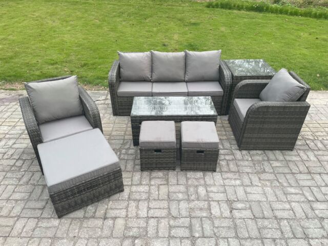 Fimous 8 Seater Rattan Garden Furniture Set with Rectangular Coffee Table Side Table 3 Footstools Patio Outdoor Lounge Sofa Set in Dark Grey - image 1