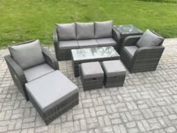 Fimous 8 Seater Rattan Garden Furniture Set with Rectangular Coffee Table Side Table 3 Footstools Patio Outdoor Lounge Sofa Set in Dark Grey - thumbnail 2