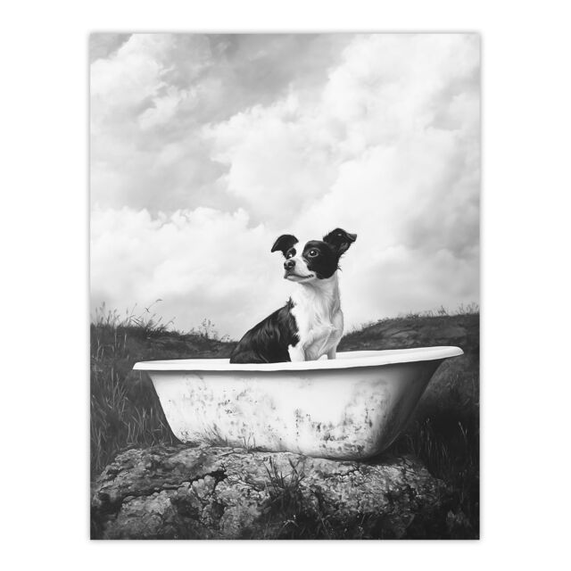 "Artery8 Dog Lover Puppy in Bathtub Black White Surreal Wall Art Print in Grey - Size: W18"" x H24""" - image 1