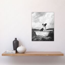 "Artery8 Dog Lover Puppy in Bathtub Black White Surreal Wall Art Print in Grey - Size: W18"" x H24""" - thumbnail 4