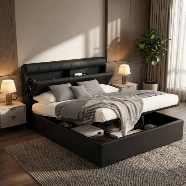 Merax 4ft6 Double PU Upholstered Ottoman Storage Bed with Headboard Storage in Black - image 1