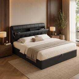 Merax 4ft6 Double PU Upholstered Ottoman Storage Bed with Headboard Storage in Black - thumbnail 3