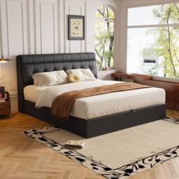 Merax 4ft6 Double PU Upholstered Ottoman Storage Bed with Headboard Storage in Black - thumbnail 5