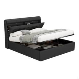 Merax 4ft6 Double PU Upholstered Ottoman Storage Bed with Headboard Storage in Black - thumbnail 7
