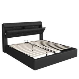 Merax 4ft6 Double PU Upholstered Ottoman Storage Bed with Headboard Storage in Black - thumbnail 9