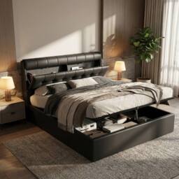 Merax 4ft6 Double PU Upholstered Ottoman Storage Bed with Headboard Storage in Black - thumbnail 4