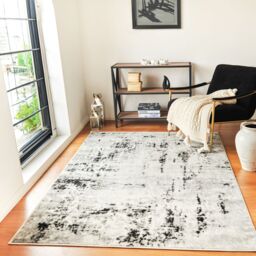 Livabliss Pisa-Abstract Black Grey Off-White Modern Marble Living Dining Bedroom Rug in Light Grey - Size: 150 cm x 210 cm