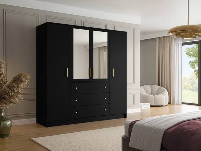 Vente-unique Wardrobe With 4 Doors & 3 Drawers - With Mirrors - W196 Cm - Black - image 1