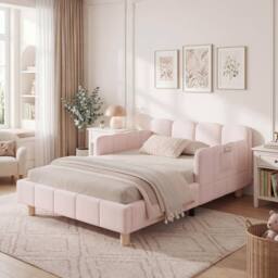 Matteo Pink Velvet Upholstered Single Bed with Safety Rail for Children - thumbnail 7