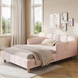 Matteo Pink Velvet Upholstered Single Bed with Safety Rail for Children - thumbnail 1
