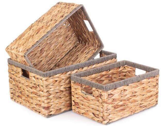 Red Hamper Water Hyacinth Set of 3 Water Hyacinth With Grey Rope Border Rectangular Storage Basket in Brown - image 1