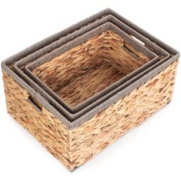 Red Hamper Water Hyacinth Set of 3 Water Hyacinth With Grey Rope Border Rectangular Storage Basket in Brown - thumbnail 4
