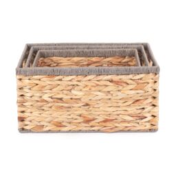 Red Hamper Water Hyacinth Set of 3 Water Hyacinth With Grey Rope Border Rectangular Storage Basket in Brown - thumbnail 3