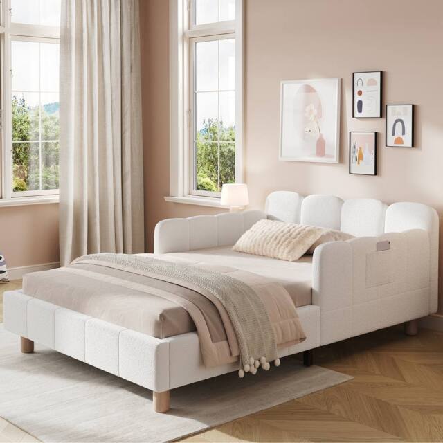 Matteo Beige Bouclé Upholstered Children's Single Bed with Safety Rail - image 1