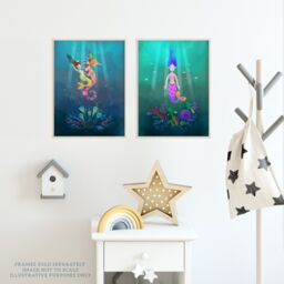 Artery8 Wall Art Print Pack of 2 A4 Cute Kids Bedroom Fairytale Mermaid Sea Princess Wildlife Landscape Living Room s Set - thumbnail 3