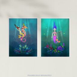 Artery8 Wall Art Print Pack of 2 A4 Cute Kids Bedroom Fairytale Mermaid Sea Princess Wildlife Landscape Living Room s Set - thumbnail 5