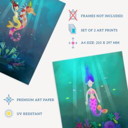 Artery8 Wall Art Print Pack of 2 A4 Cute Kids Bedroom Fairytale Mermaid Sea Princess Wildlife Landscape Living Room s Set - thumbnail 4