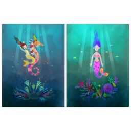 Artery8 Wall Art Print Pack of 2 A4 Cute Kids Bedroom Fairytale Mermaid Sea Princess Wildlife Landscape Living Room s Set - thumbnail 1
