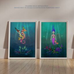 Artery8 Wall Art Print Pack of 2 A4 Cute Kids Bedroom Fairytale Mermaid Sea Princess Wildlife Landscape Living Room s Set - thumbnail 6