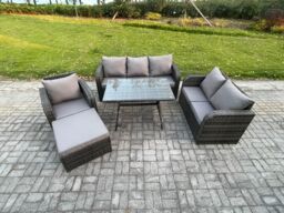 Fimous Outdoor Rattan Garden Furniture Set 7 Seater Patio Lounge Sofa Set with Dining Table Big Footstool Dark Grey Mixed - thumbnail 1