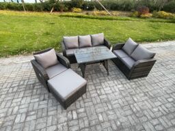 Fimous Outdoor Rattan Garden Furniture Set 7 Seater Patio Lounge Sofa Set with Dining Table Big Footstool Dark Grey Mixed - thumbnail 2