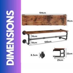 FURNOS Industrial Heavy Duty Pipe Wall-Mounted Floating Shelf With Hanging Rail in Brown - thumbnail 6