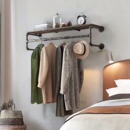 FURNOS Industrial Heavy Duty Pipe Wall-Mounted Floating Shelf With Hanging Rail in Brown - thumbnail 3