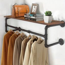 FURNOS Industrial Heavy Duty Pipe Wall-Mounted Floating Shelf With Hanging Rail in Brown - thumbnail 4