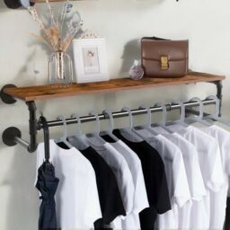 FURNOS Industrial Heavy Duty Pipe Wall-Mounted Floating Shelf With Hanging Rail in Brown - thumbnail 5