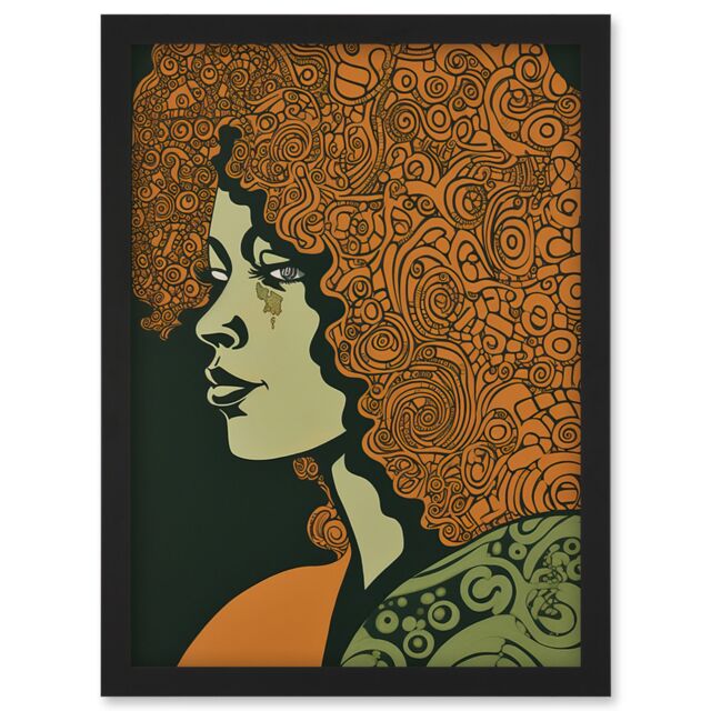 Artery8 Woman Portrait Illustration with Pattern Afro Hair Artwork Framed Wall Art Print A4 in Black - image 1