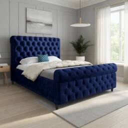 Casani Stenton Sleigh Upholstered Blue Soft Velvet Designer Bed Frame - Size: Small Single - thumbnail 1