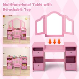 Costway Kids Vanity Desk & Chair 2 in 1 Toddler Makeup Pretend Play Table in Pink - thumbnail 9