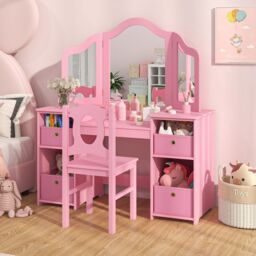 Costway Kids Vanity Desk & Chair 2 in 1 Toddler Makeup Pretend Play Table in Pink - thumbnail 3