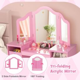 Costway Kids Vanity Desk & Chair 2 in 1 Toddler Makeup Pretend Play Table in Pink - thumbnail 7