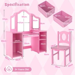 Costway Kids Vanity Desk & Chair 2 in 1 Toddler Makeup Pretend Play Table in Pink - thumbnail 2