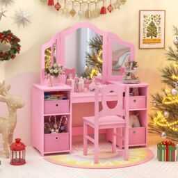 Costway Kids Vanity Desk & Chair 2 in 1 Toddler Makeup Pretend Play Table in Pink - thumbnail 4