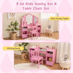 Costway Kids Vanity Desk & Chair 2 in 1 Toddler Makeup Pretend Play Table in Pink - thumbnail 6