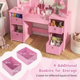 Costway Kids Vanity Desk & Chair 2 in 1 Toddler Makeup Pretend Play Table in Pink - thumbnail 5