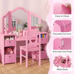 Costway Kids Vanity Desk & Chair 2 in 1 Toddler Makeup Pretend Play Table in Pink - thumbnail 8