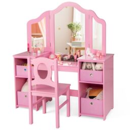 Costway Kids Vanity Desk & Chair 2 in 1 Toddler Makeup Pretend Play Table in Pink - thumbnail 1