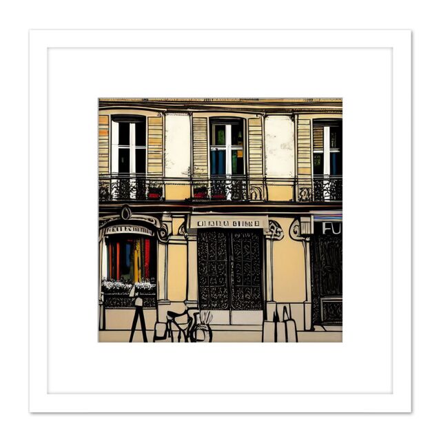 Artery8 Vintage Building Facade With Balconies in Madrid Spanish City Painting Square Wooden Framed Wall Art Print Picture 8X8 Inch in White - image 1