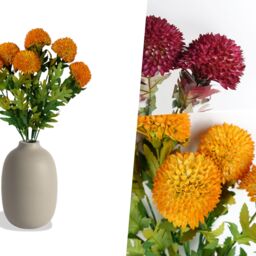 Pegdev Pack of 6 70cm Artificial Yellow Ball Dahlia Stems with Leaves - thumbnail 4