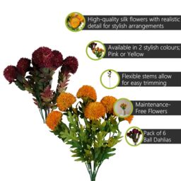 Pegdev Pack of 6 70cm Artificial Yellow Ball Dahlia Stems with Leaves - thumbnail 2