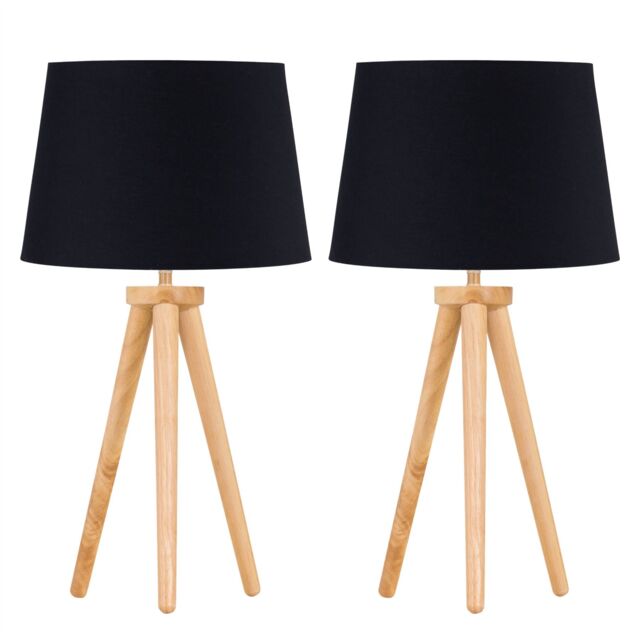 First Choice Lighting Set of 2 Light Oak Table Lamp or Bedside Lights with Black Shades in Brown - image 1