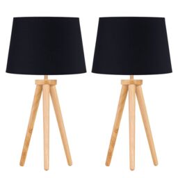 First Choice Lighting Set of 2 Light Oak Table Lamp or Bedside Lights with Black Shades in Brown - thumbnail 1