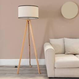 ValueLights Barbro Wood Tripod Floor Lamp with Natural Linen with Trim Drum Shade in Black