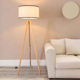 ValueLights Barbro Wood Tripod Floor Lamp with Natural Linen with Trim Drum Shade in Black - thumbnail 2